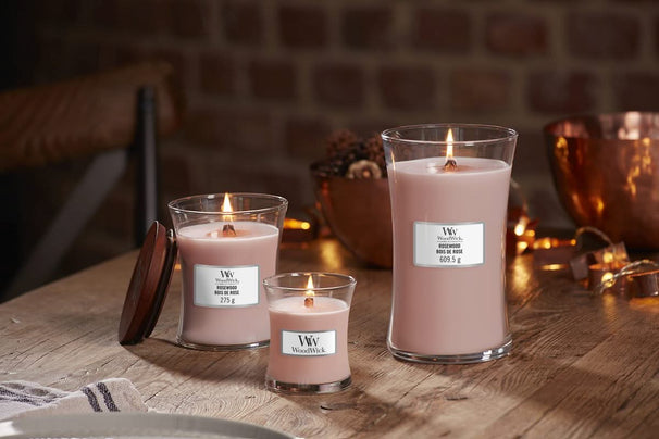 Vela aromática WoodWick Mediana Palo de Rosa - 11 cm / ø 10 cm - Vela aromática en vidrio - Mecha de madera