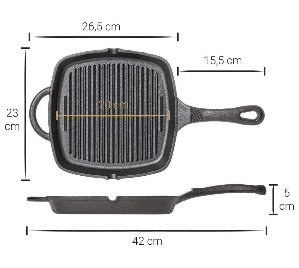 Blackwell Pan set cast iron – frying pan Ø 25 cm and grill pan 23 x 23 cm – suitable for all heat sources –  without non-stick coating 