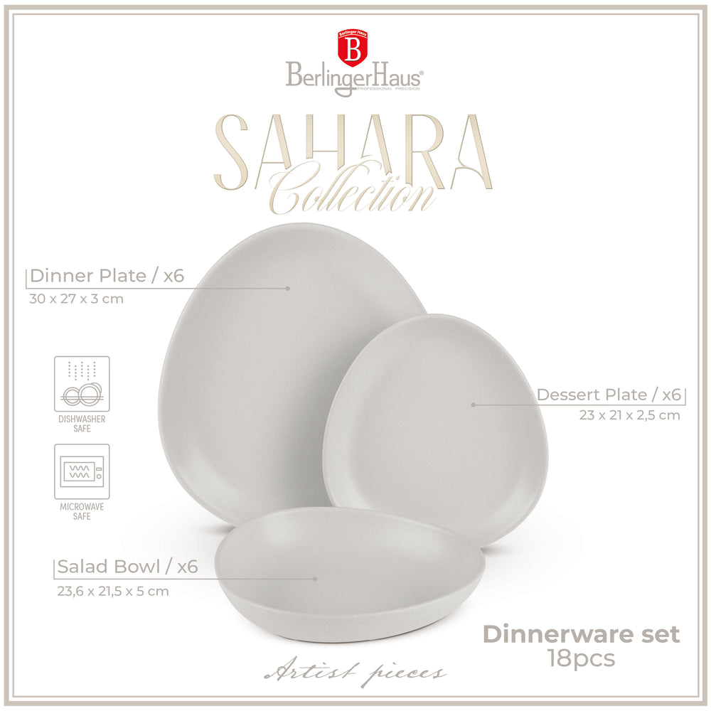 BerlingerHaus Dinnerware Set Matte Cream Oval - 18-Piece / 6 Persons - 6 Dinner Plates, 6 Breakfast Plates and 6 Deep Plates