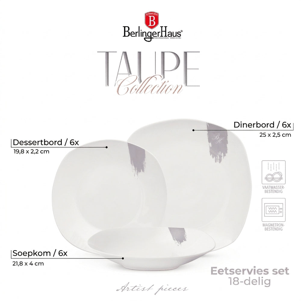 BerlingerHaus Dinnerware Set Taupe - 18-Piece / 6 Persons - 6 Dinner Plates, 6 Breakfast Plates and 6 Deep Plates