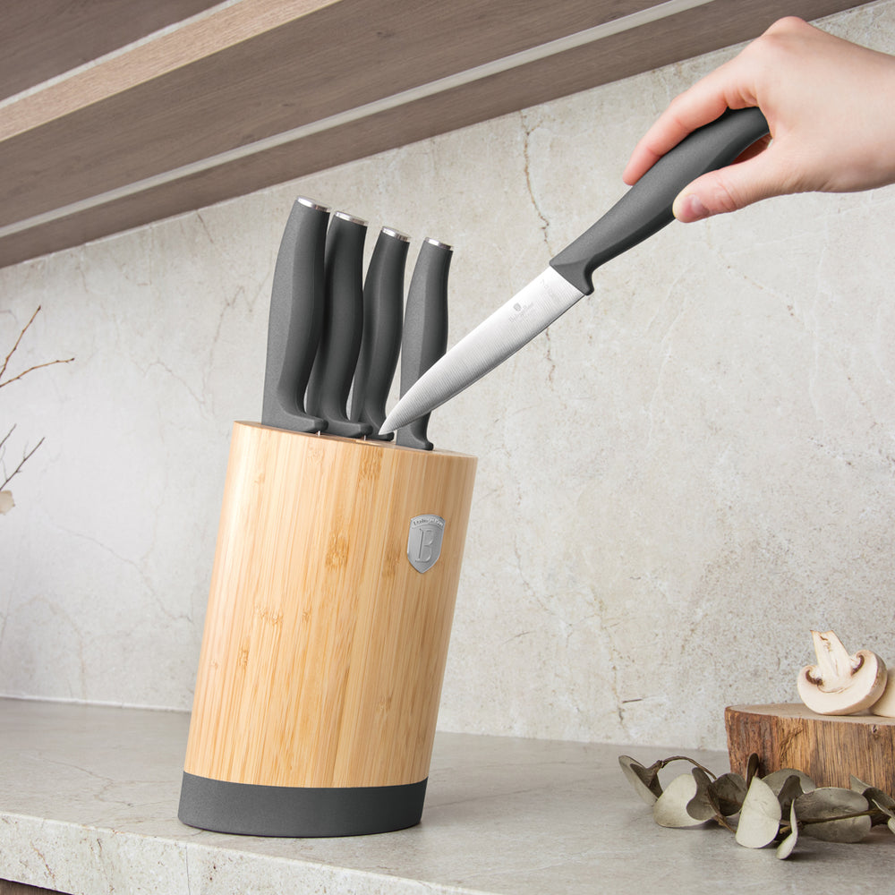 BerlingerHaus Bloque de cuchillos Mate Antracita Redondo 6 piezas - Cuchillo de chef, Cuchillo de pan, Santoku, Cuchillo de oficina & Cuchillo pelador