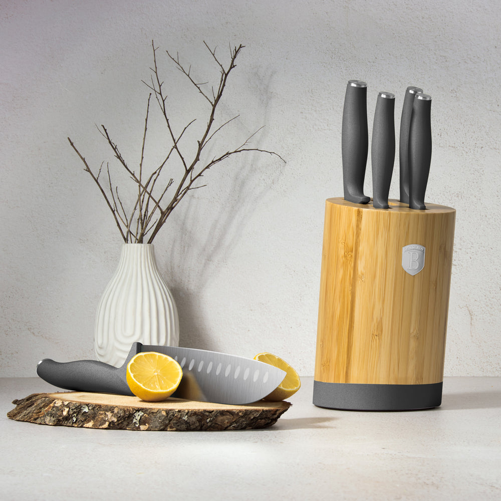 BerlingerHaus Bloque de cuchillos Mate Antracita Redondo 6 piezas - Cuchillo de chef, Cuchillo de pan, Santoku, Cuchillo de oficina & Cuchillo pelador