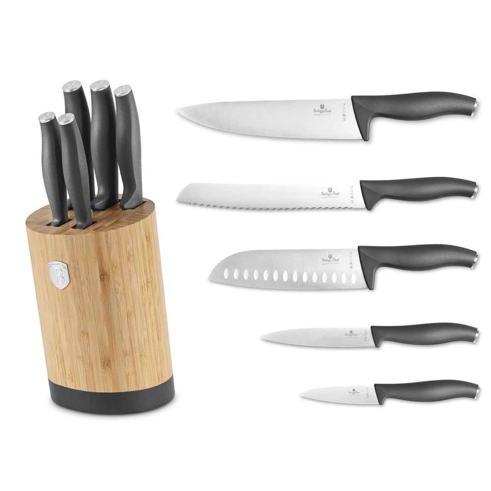 BerlingerHaus Bloque de cuchillos Mate Antracita Redondo 6 piezas - Cuchillo de chef, Cuchillo de pan, Santoku, Cuchillo de oficina & Cuchillo pelador