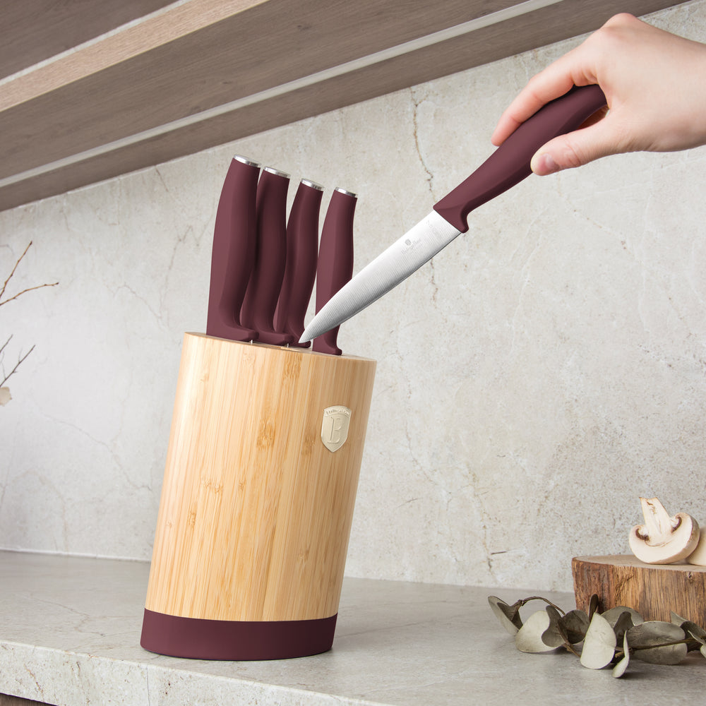 BerlingerHaus Bloque de cuchillos Mate Burdeos Redondo 6 piezas - Cuchillo de chef, Cuchillo de pan, Cuchillo Santoku, Cuchillo de oficina & Cuchillo pelador