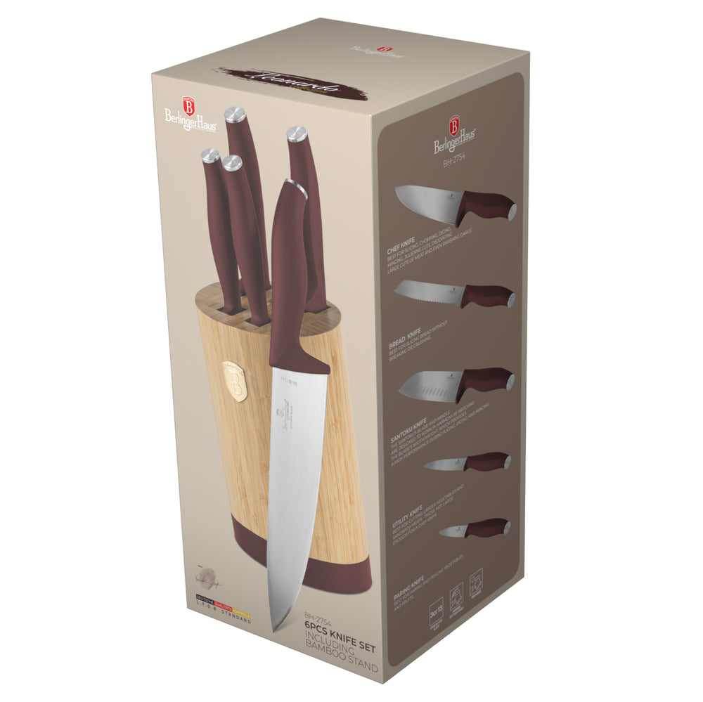 BerlingerHaus Bloque de cuchillos Mate Burdeos Redondo 6 piezas - Cuchillo de chef, Cuchillo de pan, Cuchillo Santoku, Cuchillo de oficina & Cuchillo pelador