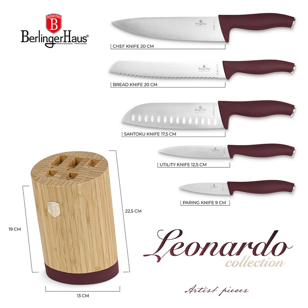 BerlingerHaus Bloque de cuchillos Mate Burdeos Redondo 6 piezas - Cuchillo de chef, Cuchillo de pan, Cuchillo Santoku, Cuchillo de oficina & Cuchillo pelador