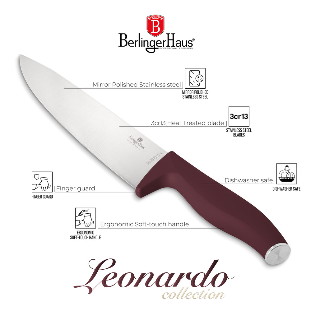 BerlingerHaus Bloque de cuchillos Mate Burdeos Redondo 6 piezas - Cuchillo de chef, Cuchillo de pan, Cuchillo Santoku, Cuchillo de oficina & Cuchillo pelador