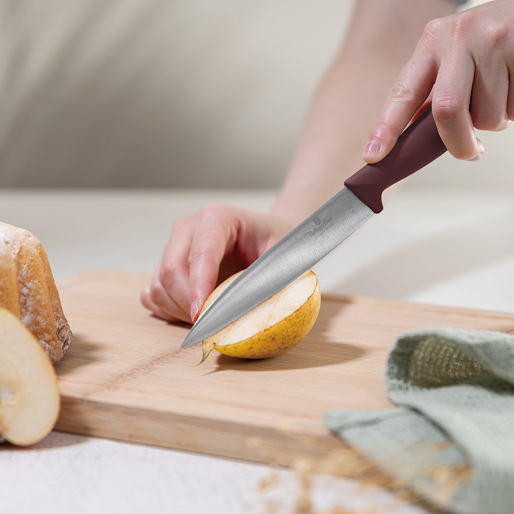 BerlingerHaus Bloque de cuchillos Mate Burdeos Redondo 6 piezas - Cuchillo de chef, Cuchillo de pan, Cuchillo Santoku, Cuchillo de oficina & Cuchillo pelador