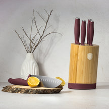 BerlingerHaus Bloque de cuchillos Mate Burdeos Redondo 6 piezas - Cuchillo de chef, Cuchillo de pan, Cuchillo Santoku, Cuchillo de oficina & Cuchillo pelador