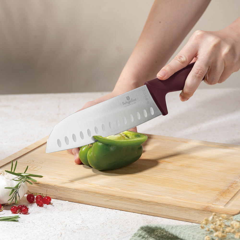 BerlingerHaus Bloque de cuchillos Mate Burdeos Redondo 6 piezas - Cuchillo de chef, Cuchillo de pan, Cuchillo Santoku, Cuchillo de oficina & Cuchillo pelador
