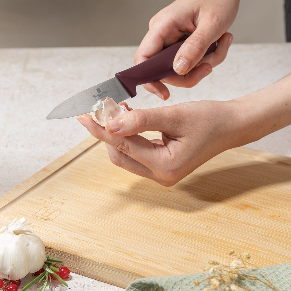 BerlingerHaus Bloque de cuchillos Mate Burdeos Redondo 6 piezas - Cuchillo de chef, Cuchillo de pan, Cuchillo Santoku, Cuchillo de oficina & Cuchillo pelador