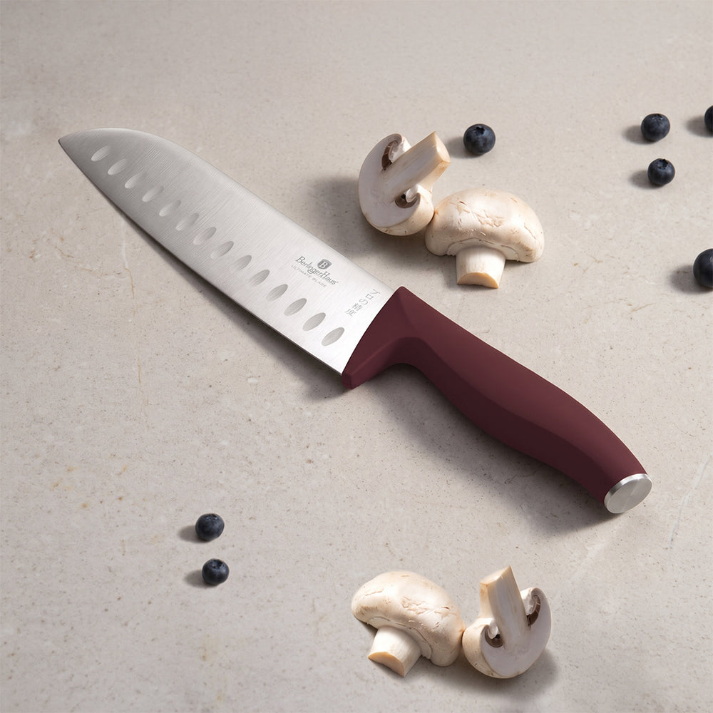 BerlingerHaus Bloque de cuchillos Mate Burdeos Redondo 6 piezas - Cuchillo de chef, Cuchillo de pan, Cuchillo Santoku, Cuchillo de oficina & Cuchillo pelador