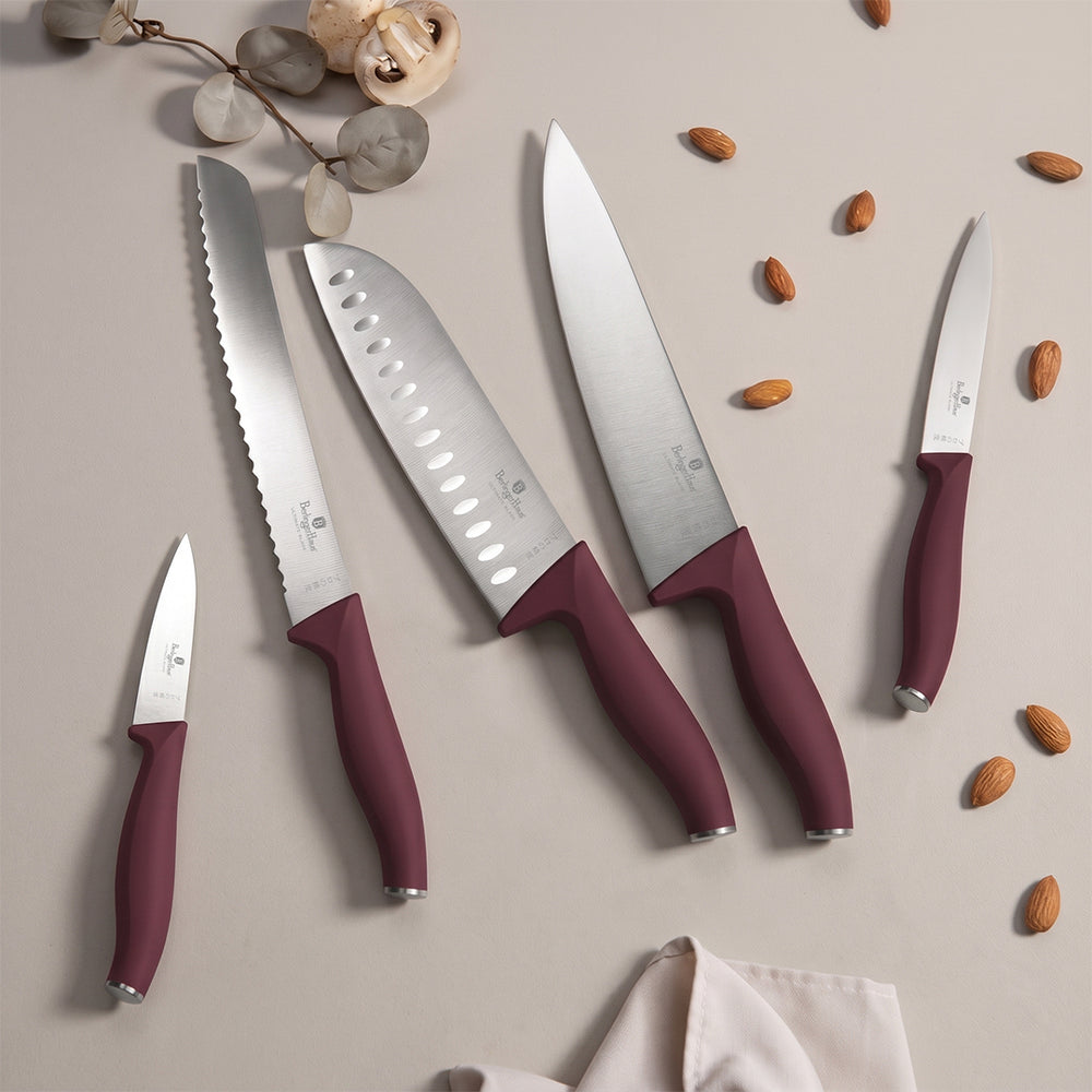 BerlingerHaus Bloque de cuchillos Mate Burdeos Redondo 6 piezas - Cuchillo de chef, Cuchillo de pan, Cuchillo Santoku, Cuchillo de oficina & Cuchillo pelador