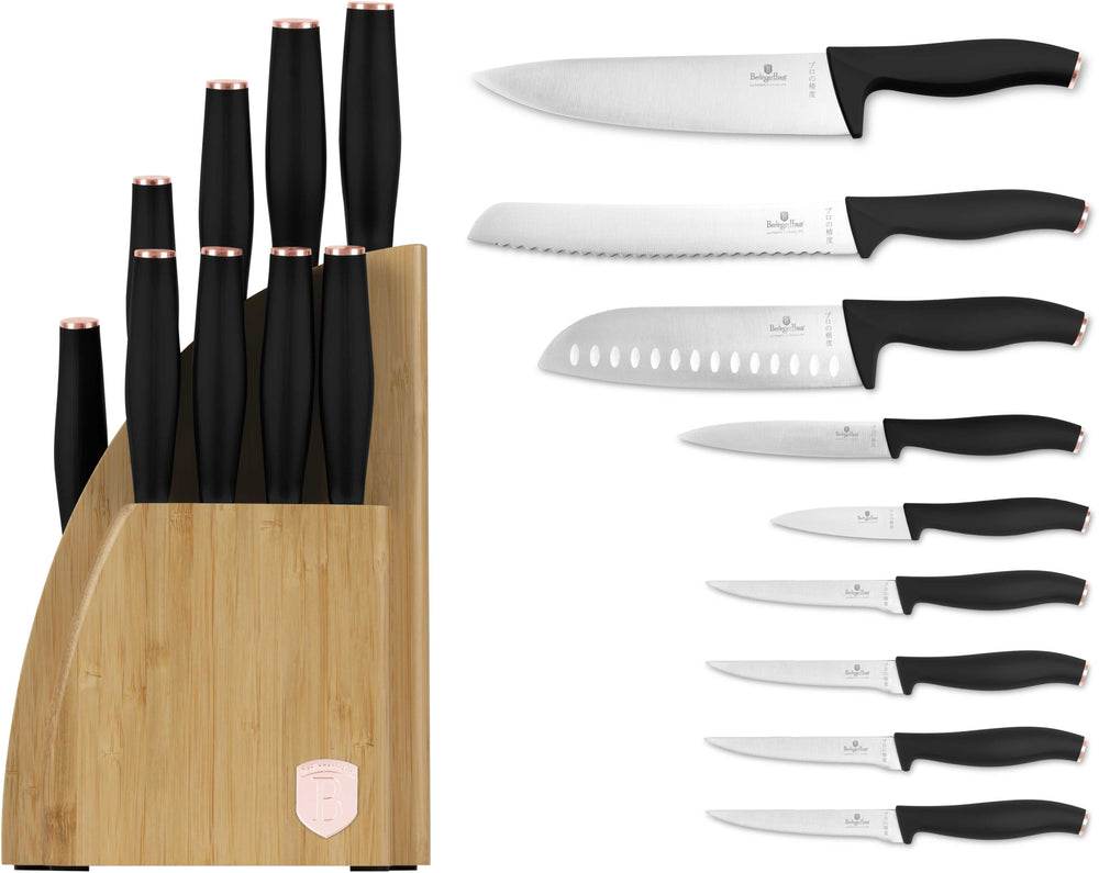 BerlingerHaus Knife Block Black Rose Gold 10-piece - Chef's Knife, Bread Knife, Santoku Knife, Paring Knife, Peeling Knife & 4 Steak Knives