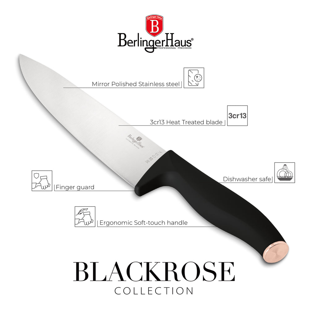 BerlingerHaus Knife Block Black Rose Gold 10-piece - Chef's Knife, Bread Knife, Santoku Knife, Paring Knife, Peeling Knife & 4 Steak Knives