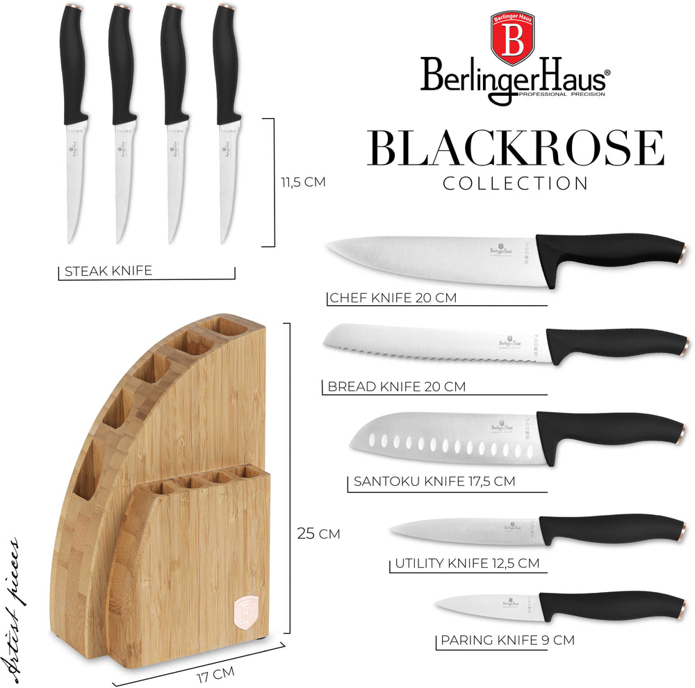 BerlingerHaus Knife Block Black Rose Gold 10-piece - Chef's Knife, Bread Knife, Santoku Knife, Paring Knife, Peeling Knife & 4 Steak Knives