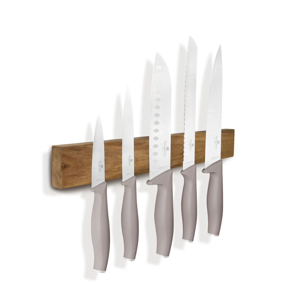 BerlingerHaus Knife Set with Magnetic Knife Strip Acacia Wood Taupe - 6-piece - Chef's Knife, Bread Knife, Santoku Knife, Paring Knife & Peeling Knife