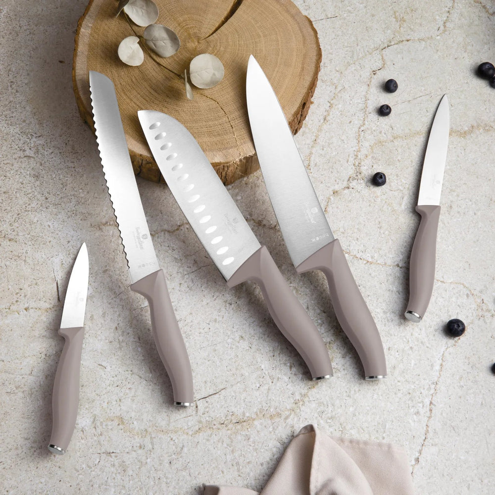 BerlingerHaus Knife Set with Magnetic Knife Strip Acacia Wood Taupe - 6-piece - Chef's Knife, Bread Knife, Santoku Knife, Paring Knife & Peeling Knife