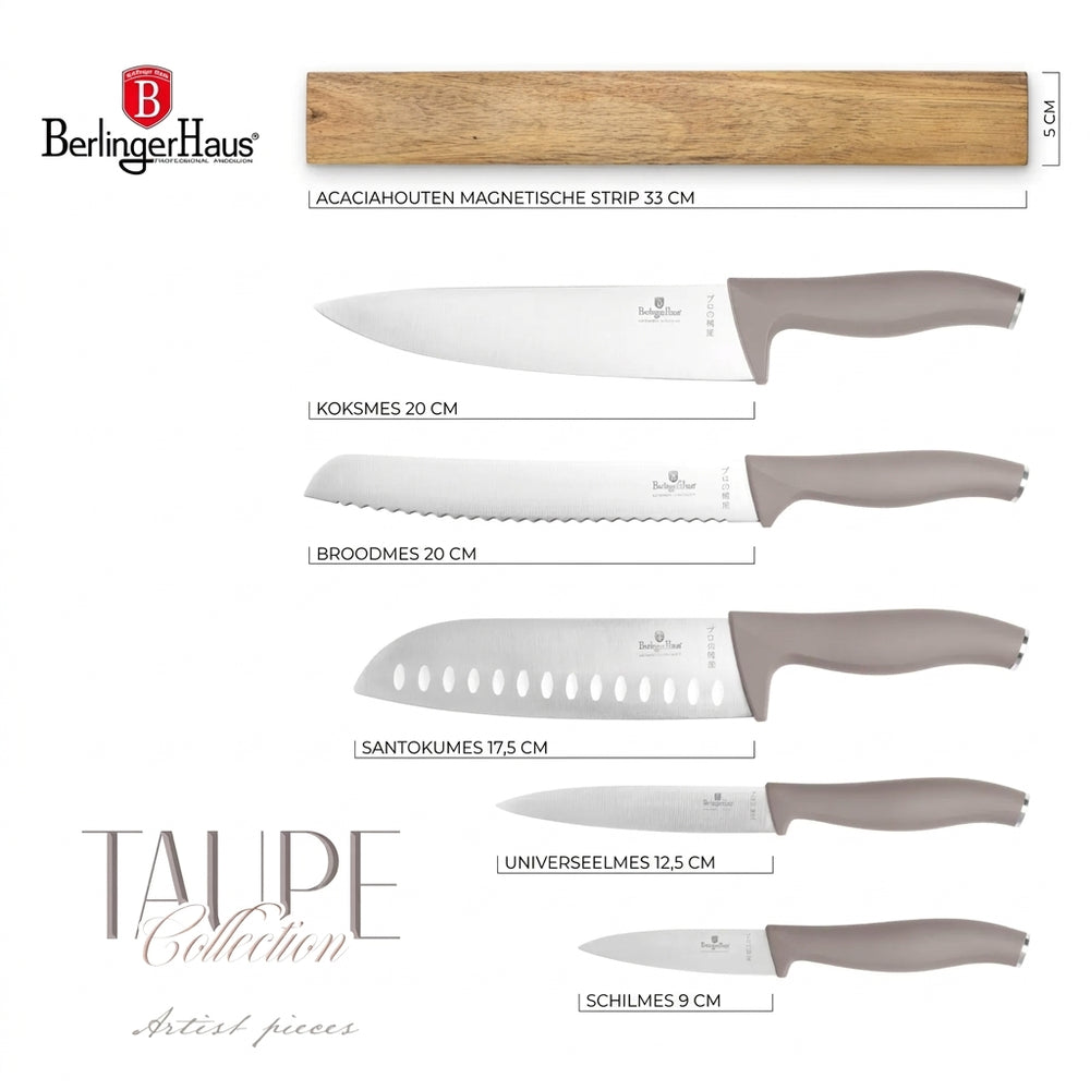 BerlingerHaus Knife Set with Magnetic Knife Strip Acacia Wood Taupe - 6-piece - Chef's Knife, Bread Knife, Santoku Knife, Paring Knife & Peeling Knife