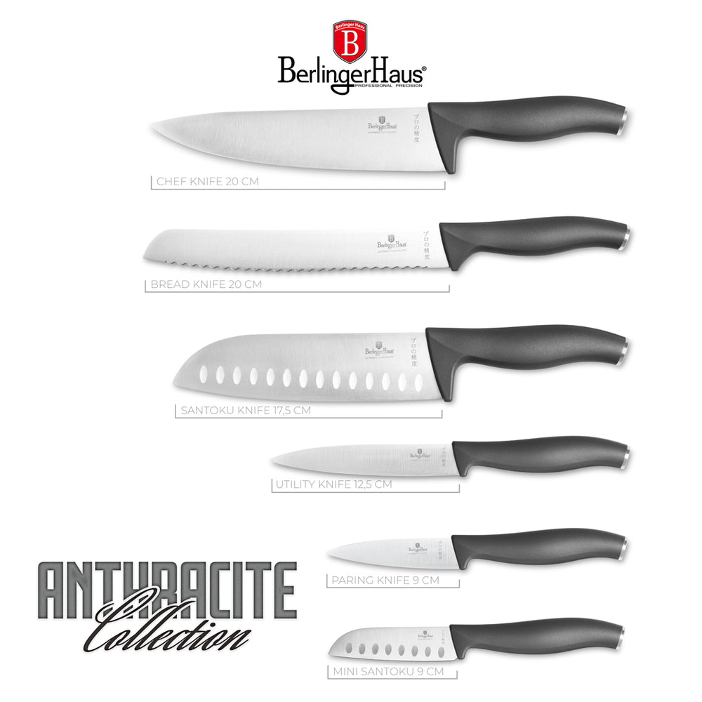 BerlingerHaus Knife Set Matte Anthracite 6-piece - Chef's Knife, Bread Knife, Santoku Knife, Utility Knife, Paring Knife & Mini Santoku Knife