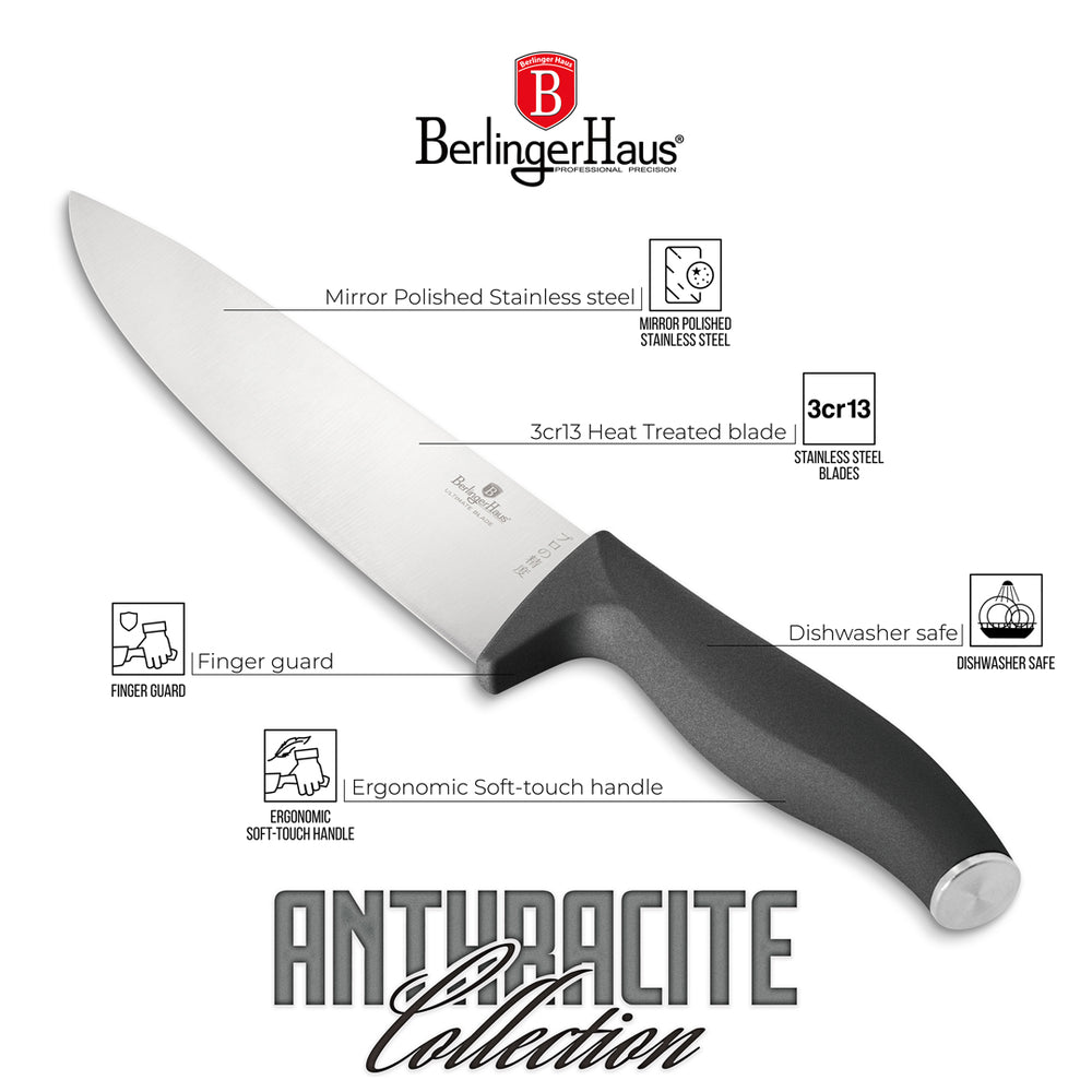 BerlingerHaus Knife Set Matte Anthracite 6-piece - Chef's Knife, Bread Knife, Santoku Knife, Utility Knife, Paring Knife & Mini Santoku Knife