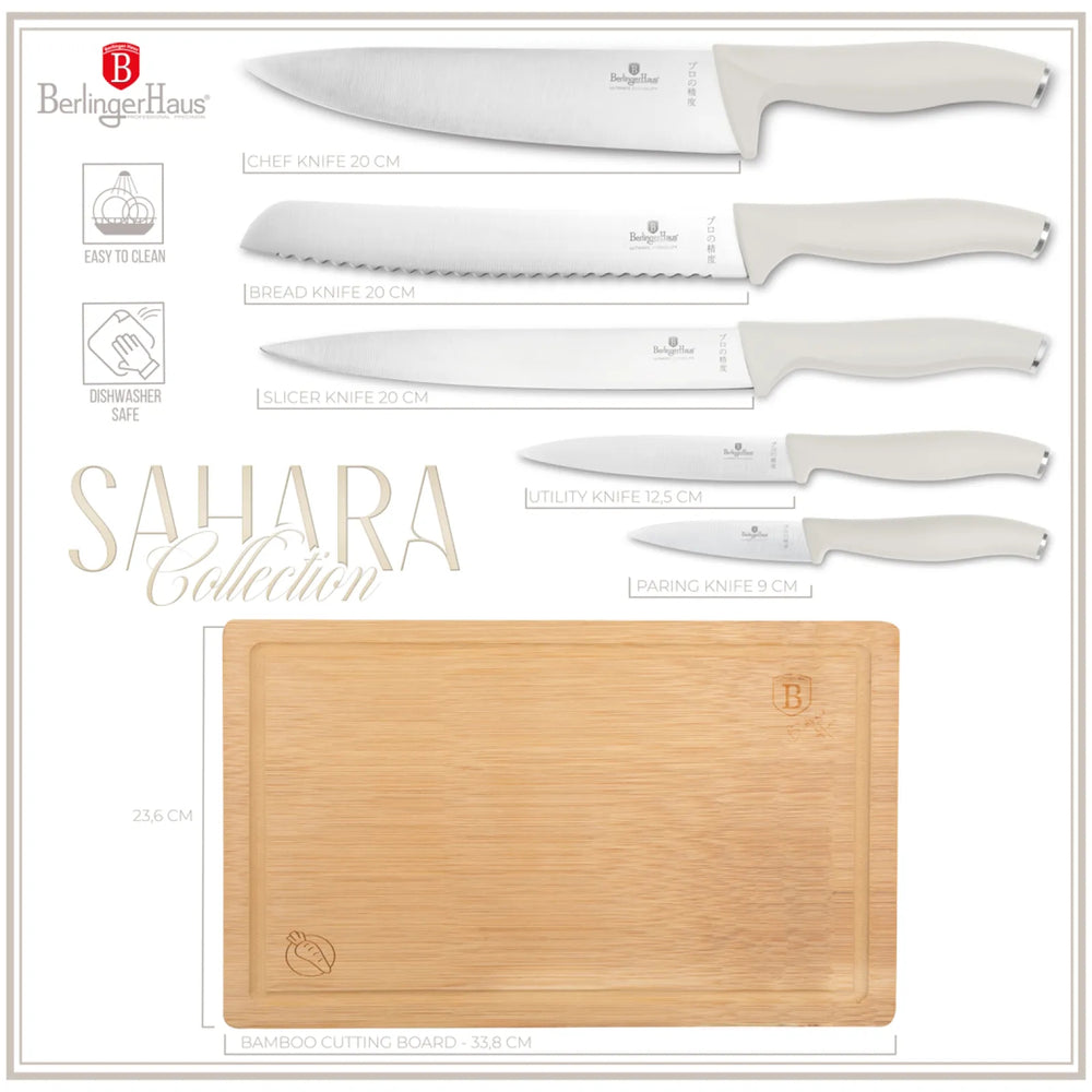 BerlingerHaus Knife Set with Cutting Board Matte Cream 6-piece - Chef's Knife, Bread Knife, Carving Knife, Paring Knife & Peeling Knife