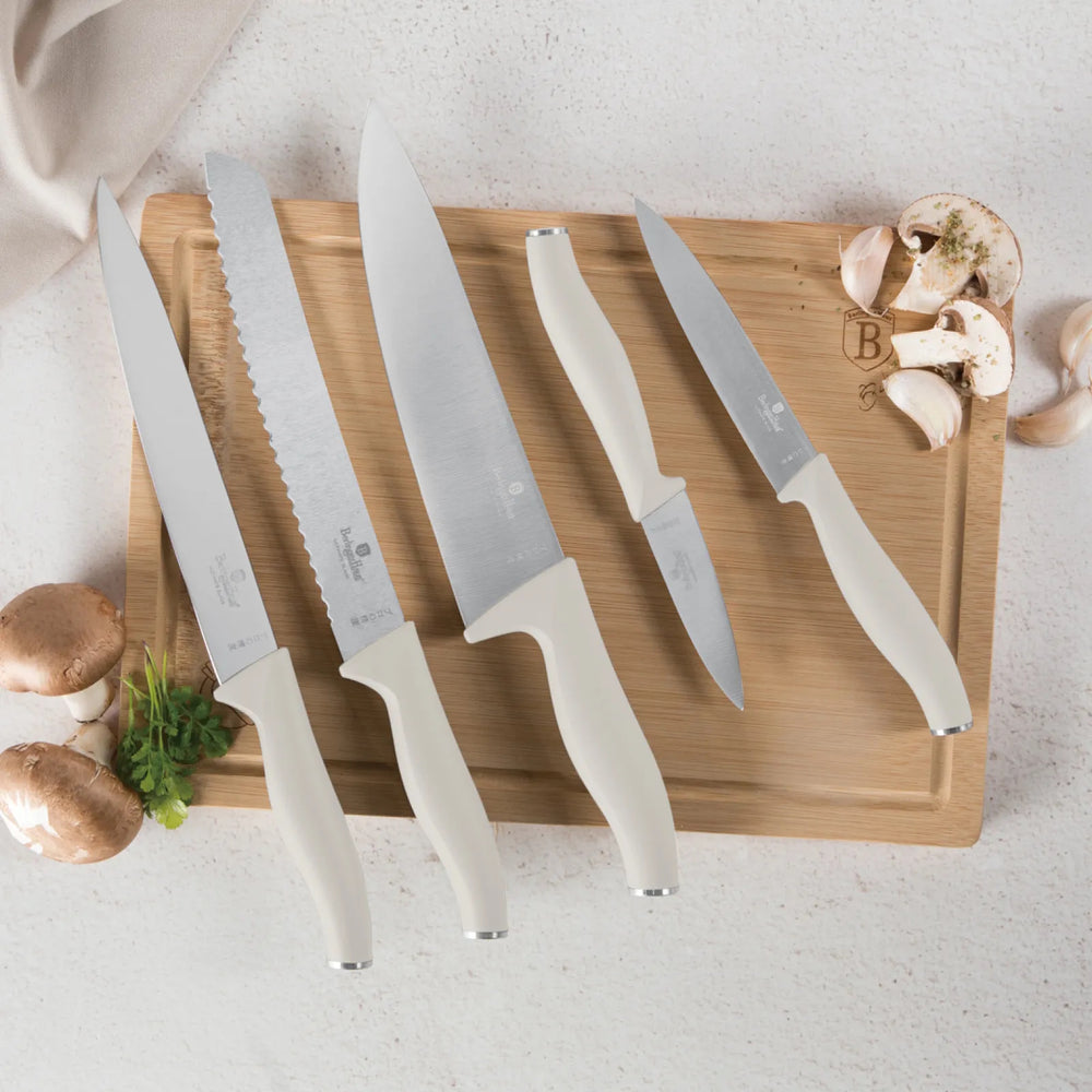 BerlingerHaus Knife Set with Cutting Board Matte Cream 6-piece - Chef's Knife, Bread Knife, Carving Knife, Paring Knife & Peeling Knife