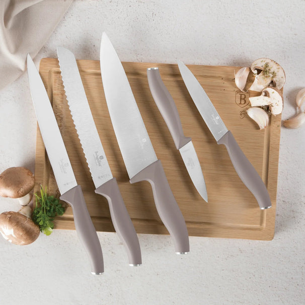 BerlingerHaus Juego de Cuchillos con Tabla de Cortar Taupe 6 piezas - Cuchillo de Chef, Cuchillo de Pan, Cuchillo de Carne, Cuchillo de Oficina & Cuchillo Pelador