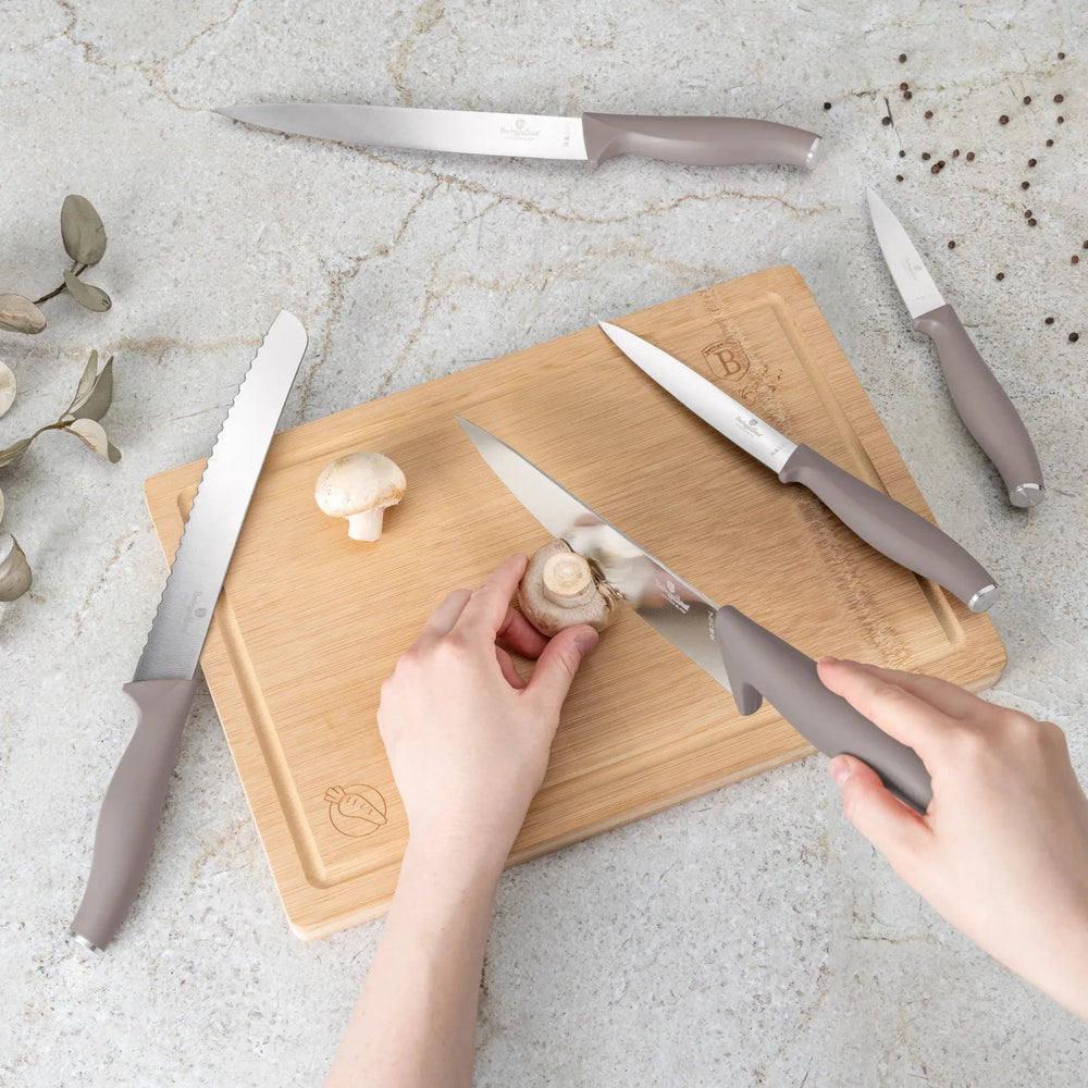 BerlingerHaus Knife Set with Cutting Board Taupe 6-piece - Chef's Knife, Bread Knife, Carving Knife, Utility Knife & Paring Knife