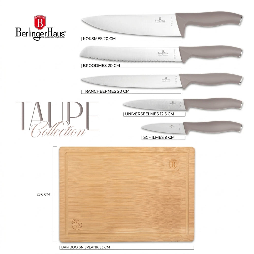 BerlingerHaus Knife Set with Cutting Board Taupe 6-piece - Chef's Knife, Bread Knife, Carving Knife, Utility Knife & Paring Knife