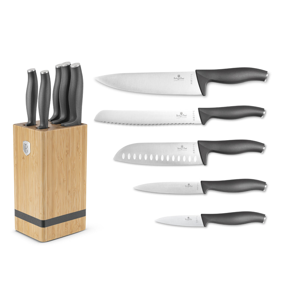 BerlingerHaus Knife Block Matte Anthracite 6-piece - Chef's Knife, Bread Knife, Santoku Knife, Paring Knife & Peeling Knife