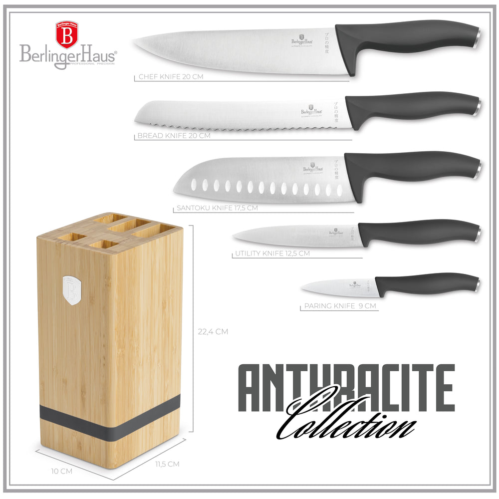 BerlingerHaus Knife Block Matte Anthracite 6-piece - Chef's Knife, Bread Knife, Santoku Knife, Paring Knife & Peeling Knife