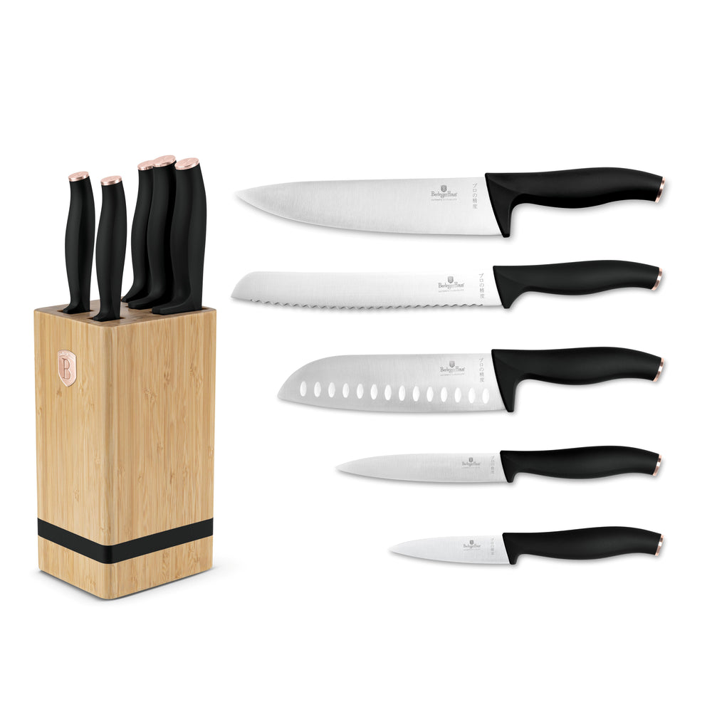 BerlingerHaus Bloque de cuchillos Negro Roségold 6 piezas - Cuchillo de chef, cuchillo de pan, cuchillo Santoku, cuchillo de oficina y cuchillo pelador