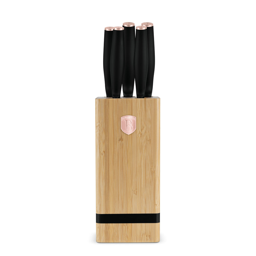 BerlingerHaus Bloque de cuchillos Negro Roségold 6 piezas - Cuchillo de chef, cuchillo de pan, cuchillo Santoku, cuchillo de oficina y cuchillo pelador