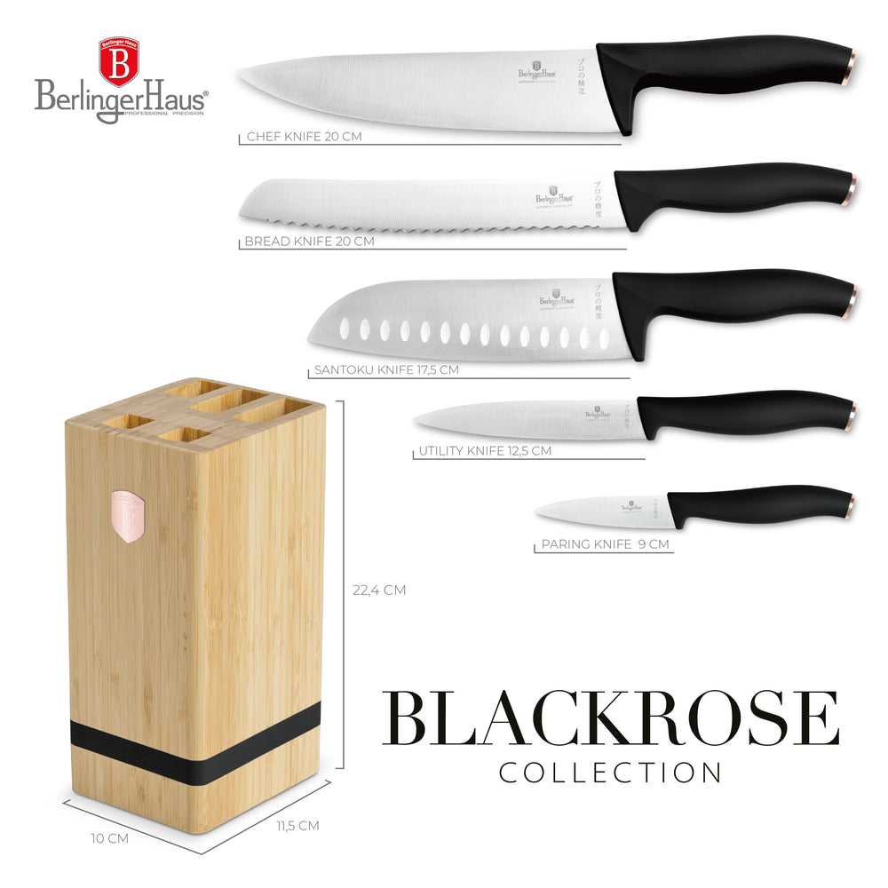 BerlingerHaus Bloque de cuchillos Negro Roségold 6 piezas - Cuchillo de chef, cuchillo de pan, cuchillo Santoku, cuchillo de oficina y cuchillo pelador