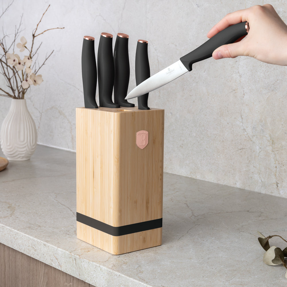 BerlingerHaus Bloque de cuchillos Negro Roségold 6 piezas - Cuchillo de chef, cuchillo de pan, cuchillo Santoku, cuchillo de oficina y cuchillo pelador