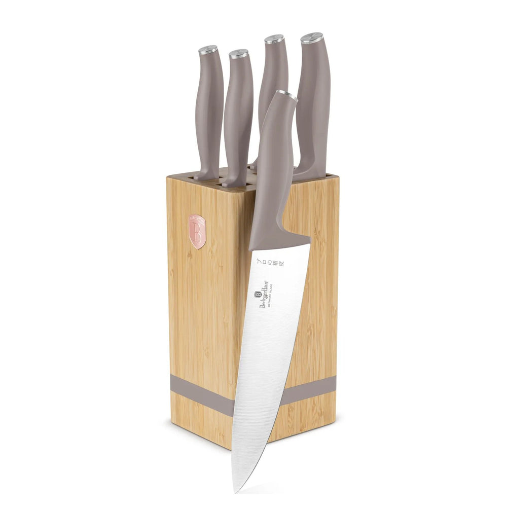 BerlingerHaus Bloque de cuchillos Taupe 6 piezas - Cuchillo de chef, Cuchillo de pan, Cuchillo Santoku, Cuchillo de oficina & Cuchillo pelador