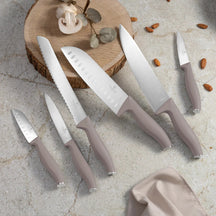 BerlingerHaus Bloque de cuchillos Taupe 6 piezas - Cuchillo de chef, Cuchillo de pan, Cuchillo Santoku, Cuchillo de oficina & Cuchillo pelador