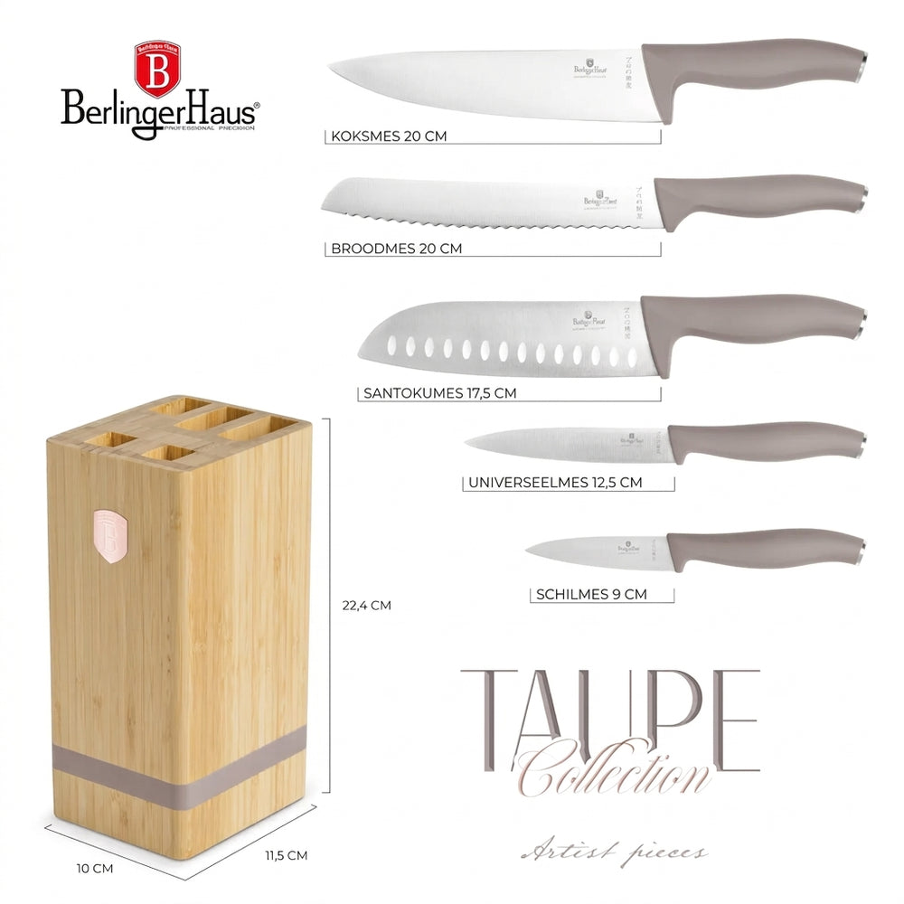 BerlingerHaus Bloque de cuchillos Taupe 6 piezas - Cuchillo de chef, Cuchillo de pan, Cuchillo Santoku, Cuchillo de oficina & Cuchillo pelador