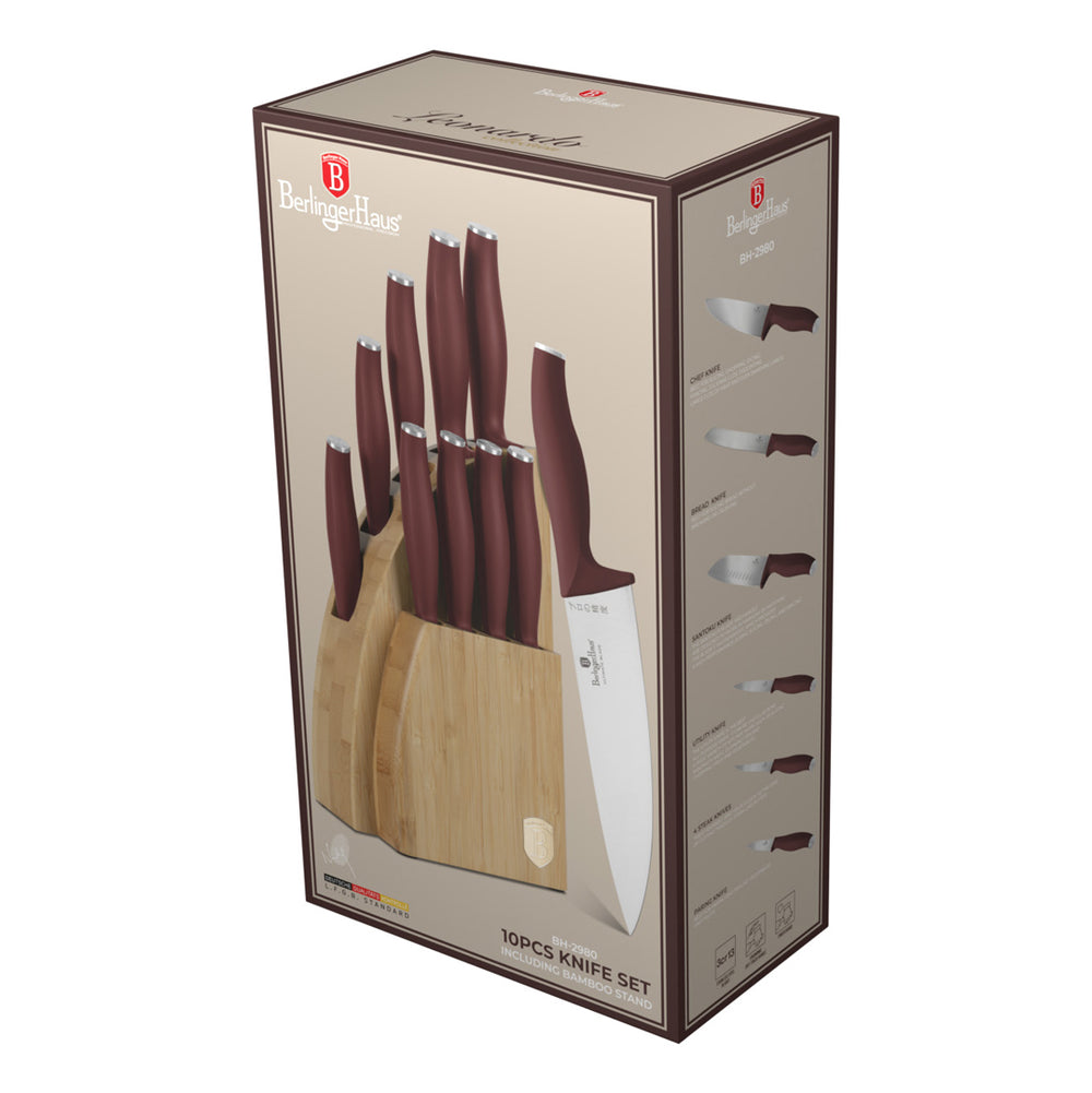 BerlingerHaus Knife Block Matte Bordeaux 10-Piece - Chef's Knife, Bread Knife, Santoku Knife, Paring Knife, Peeling Knife & 4 Steak Knives