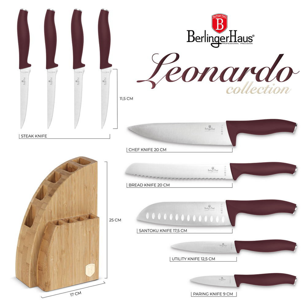 BerlingerHaus Knife Block Matte Bordeaux 10-Piece - Chef's Knife, Bread Knife, Santoku Knife, Paring Knife, Peeling Knife & 4 Steak Knives