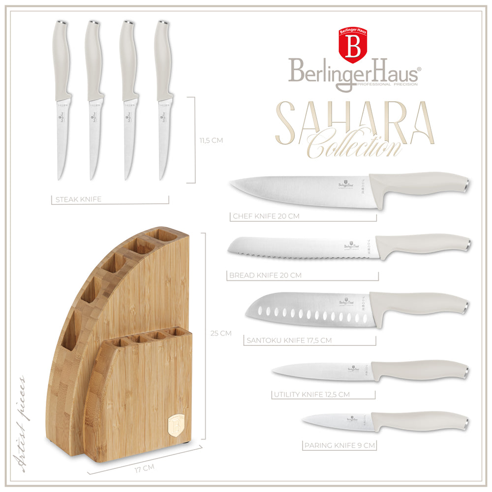 BerlingerHaus Bloque de Cuchillos Mate Crema 10 Piezas - Cuchillo de Chef, Cuchillo de Pan, Cuchillo Santoku, Cuchillo de Oficina, Cuchillo Pelador & 4 Cuchillos de Carne
