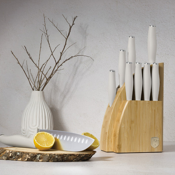 BerlingerHaus Knife Block Matte Cream 10-piece - Chef's Knife, Bread Knife, Santoku Knife, Utility Knife, Paring Knife & 4 Steak Knives