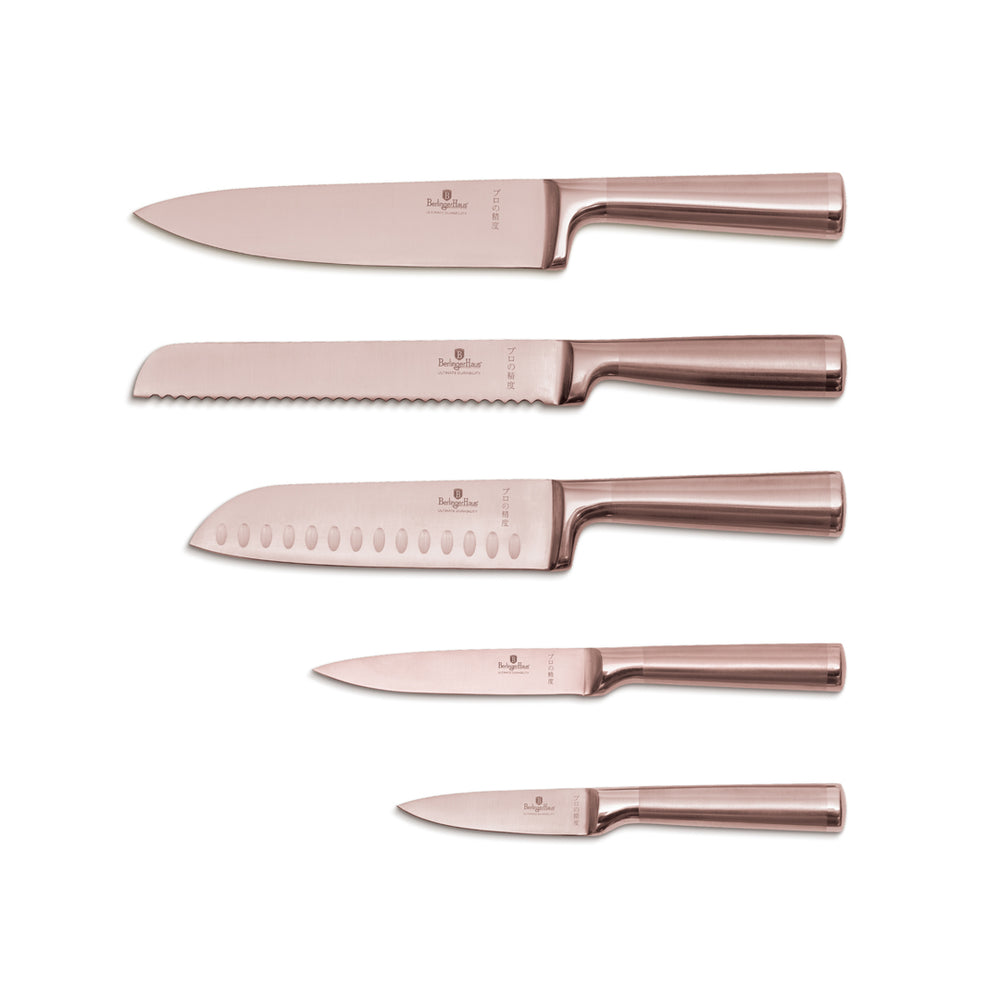 BerlingerHaus Knife Block Rose Gold 6-Piece - Chef's Knife, Bread Knife, Santoku Knife, Paring Knife & Peeling Knife