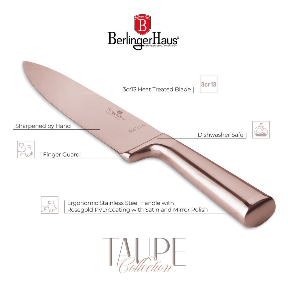 BerlingerHaus Knife Block Rose Gold 6-Piece - Chef's Knife, Bread Knife, Santoku Knife, Paring Knife & Peeling Knife