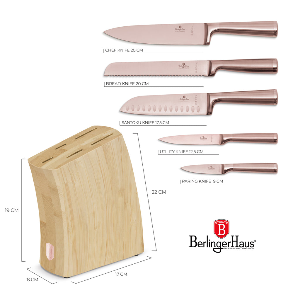 BerlingerHaus Knife Block Rose Gold 6-Piece - Chef's Knife, Bread Knife, Santoku Knife, Paring Knife & Peeling Knife