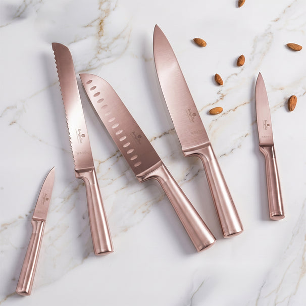 BerlingerHaus Knife Block Rose Gold 6-Piece - Chef's Knife, Bread Knife, Santoku Knife, Paring Knife & Peeling Knife