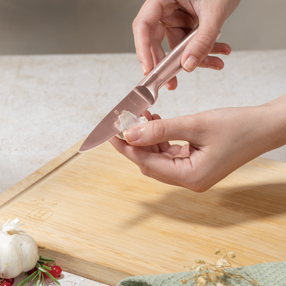BerlingerHaus Knife Block Rose Gold 6-Piece - Chef's Knife, Bread Knife, Santoku Knife, Paring Knife & Peeling Knife
