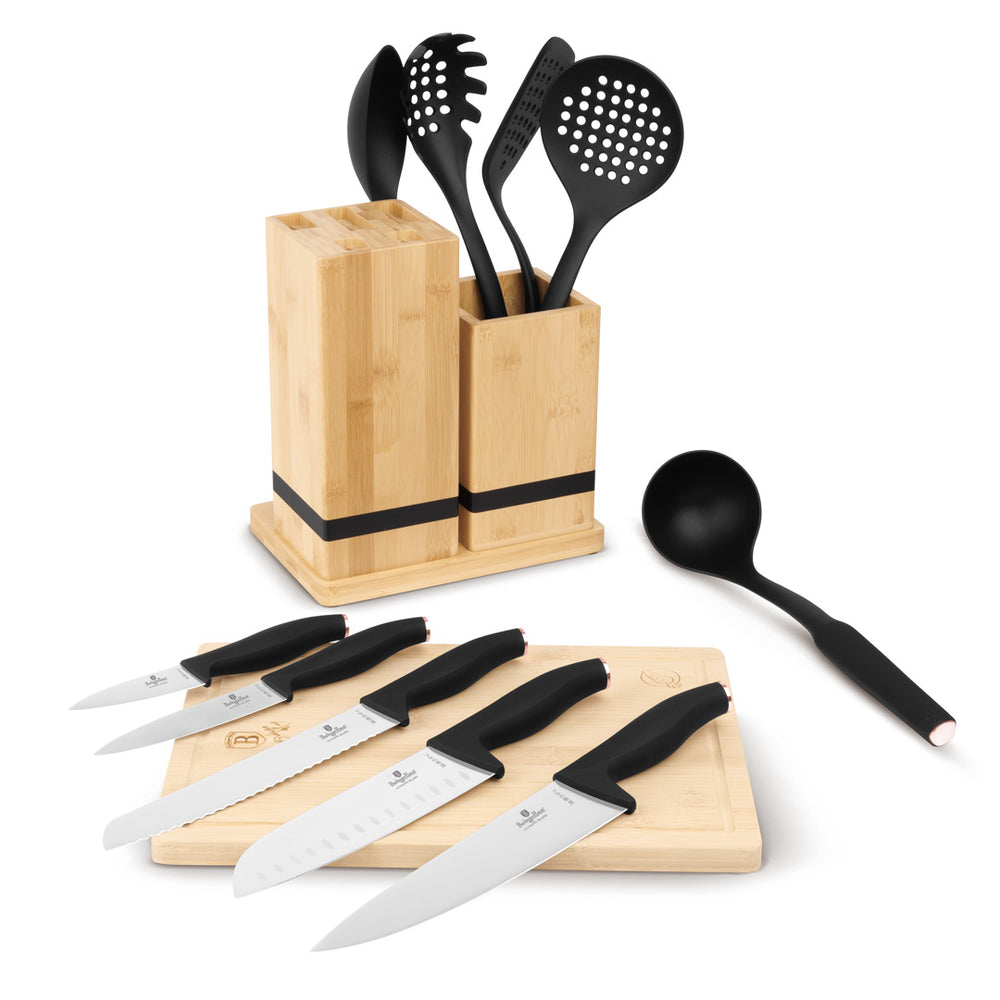 BerlingerHaus Bloque de Cuchillos con Set de Utensilios de Cocina & Tabla de Cortar Negro Roségold - 12 piezas