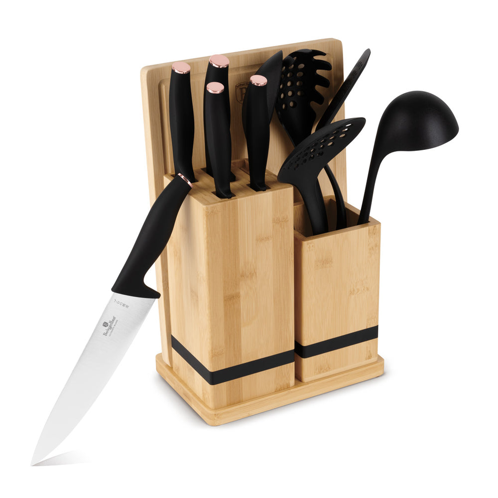 BerlingerHaus Bloque de Cuchillos con Set de Utensilios de Cocina & Tabla de Cortar Negro Roségold - 12 piezas